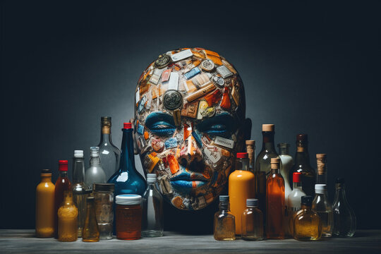 Harrowing concept of alcohol addiction, with a hauntingly artistic representation of a face crafted from a circle of alcohol bottles.Ai generated