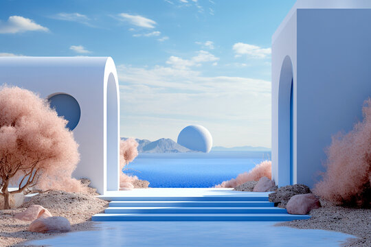 Futuristic landscape scene with architecture and fantastic plants. Generated AI.