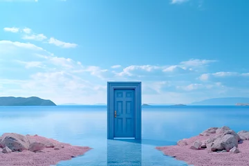 Crédence de cuisine en verre imprimé Bleu Surreal is a fantastic futuristic lake with pink shores and a door in the middle of the lake. The concept of psychedelia and escapism. Generated AI.