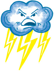 Angry Cloud with Lightning thunder, cute cartoon character illustration isolated on white background. Hand drawn pastel, crayon, oil pastel and chalk paint