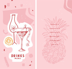 Drinks menu. Cocktail. Wine. Lemon. Pineapple. Vector template. Pastel colors. Banner, booklet, brochure, card, price, poster. Abstract background. Hand drawing illustrations