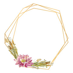 A polygonal frame with flowers of water lilies and wild forest grasses. Watercolor illustration on a white background