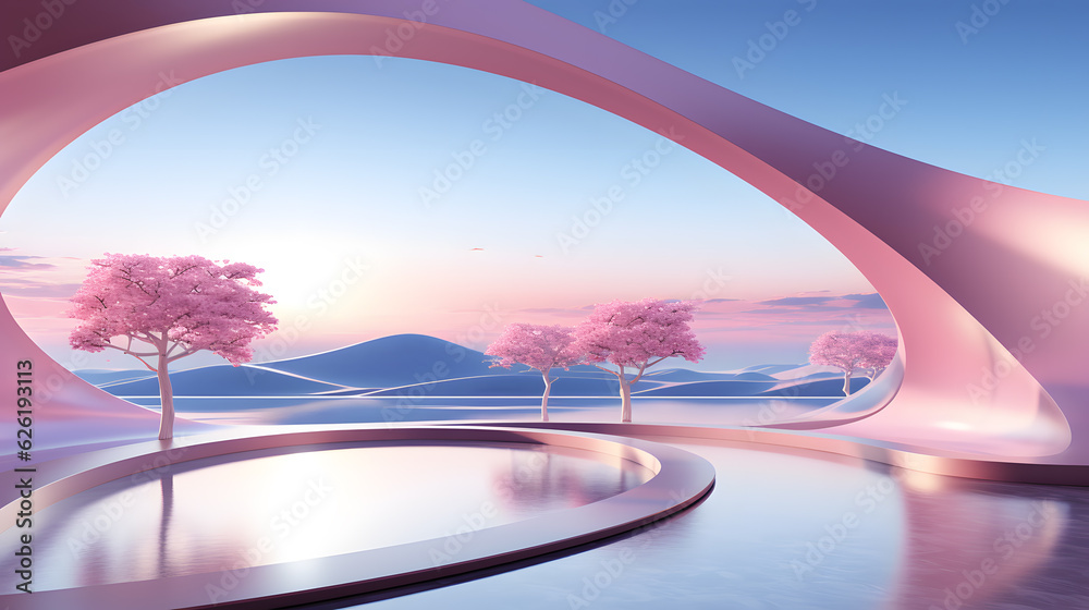 Wall mural 3d render of abstract interior. minimalistic room with pink wall and blue sky