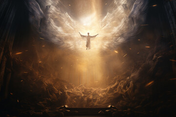 Angel surrounded by menacing dark forces and demons, showcasing the epic clash of light and darkness. Ai generated