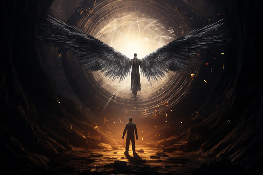 Angel surrounded by menacing dark forces and demons, showcasing the epic clash of light and darkness. Ai generated