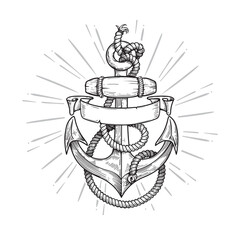 Hand drawn anchor sketch style with blank ribbon. Retro nautical symbol, logo design element. Vector illustrations.