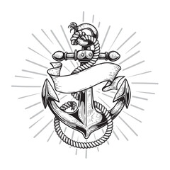 Hand drawn anchor sketch style with blank ribbon. Retro nautical symbol, logo design element. Vector illustrations. © Sketch Master