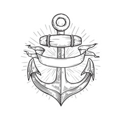 Hand drawn anchor sketch style with blank ribbon. Retro nautical symbol, logo design element. Vector illustrations.