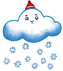 Cute Cloud wearing a winter hat and snowflake falling, cute cartoon character illustration isolated on white background. Hand drawn pastel, crayon, oil pastel and chalk paint