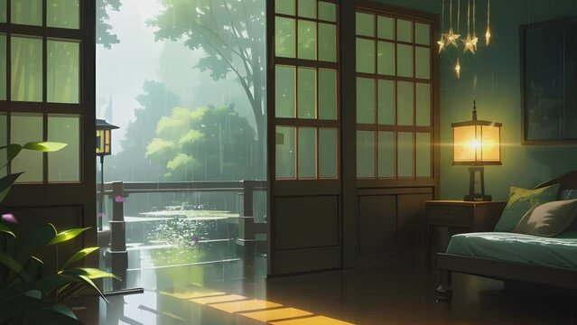 Japanese traditional house interior with beautiful tropical landscape during rainy. Cartoon or anime watercolor painting illustration style. seamless looping 4K time-lapse video animation background.