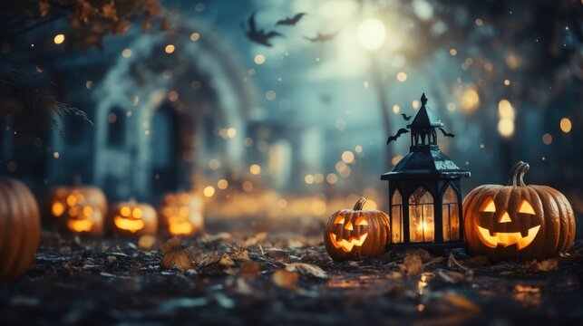 Halloween celebration background with pumpkin monster, light, and other decorations.