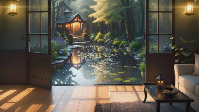 Japanese traditional house interior with fantasy tropical landscape during rainy. Cartoon or anime watercolor painting illustration style. seamless looping 4K time-lapse video animation background.