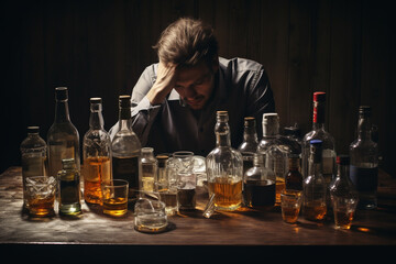 Depressed, drunk, and depraved man slumped over a table, surrounded by empty bottles, symbolizing the downward spiral of alcohol dependency. Ai generated