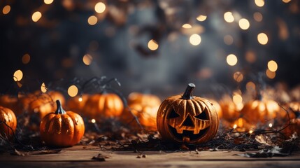 Halloween celebration background with pumpkin monster, light, and other decorations. 