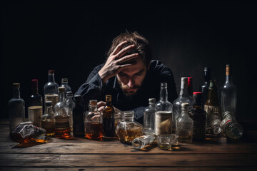 Depressed, drunk, and depraved man slumped over a table, surrounded by empty bottles, symbolizing the downward spiral of alcohol dependency. Ai generated - obrazy, fototapety, plakaty