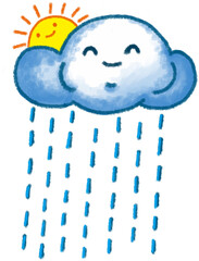 Cute Cloud with Sun and raindrops, cute cartoon character illustration isolated on white background. Hand drawn pastel, crayon, oil pastel and chalk paint