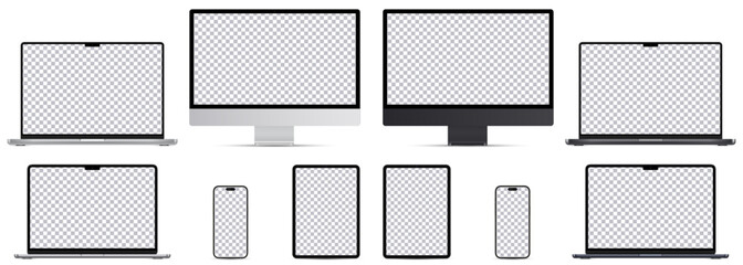 Mock-up screen 2023-2024 yers. Set devices silver and black colors. Laptop pro and air, Computer monitor, Tablet and Smartphone with blank screens for you design. Vector illustration EPS10