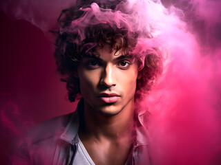 Fashion surreal Concept. Closeup portrait of stunning handsome man with curly hair surround dissolve in pink swirling flowing smoke fog. illuminated with dynamic composition and dramatic lighting