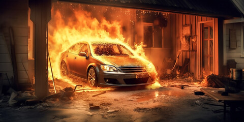 Brennendes Auto in der Garage KI