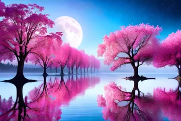 Fotobehang Roze landscape with cherry blossoms