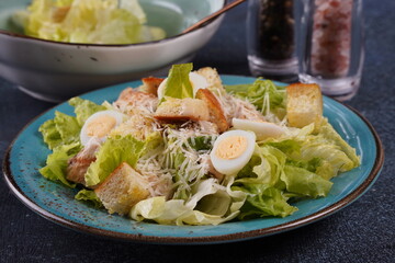 Caesar Salad with chicken fillet, croutons, Parmesan Cheese,  Yogurt Mayonnaise Sauce, traditional Italian food