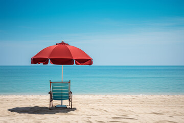 Fototapeta na wymiar Red umbrella next to a comfortable chair on a turquoise beach, inviting viewers to indulge in the tranquil ambiance of a beachside getaway. Ai generated