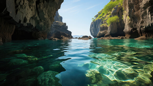 A breathtaking view of a coastal cave, its mouth opening to a serene, turquoise sea under a clear sky.