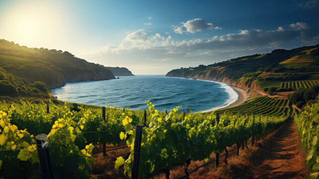 A panoramic view of a coastal vineyard, the rows of vines descending towards the sparkling sea.