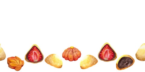 Watercolor hand drawn traditional Japanese sweets. Seamless border of autumn wagashi, maple, gingko leaves. Isolated on white background. Invitations, restaurant menu, greeting cards, print, textile