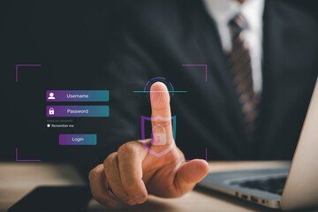 Futuristic biometric fingerprint scanning technology concept. Pointing finger on a digital screen with advanced access control and data privacy. Embrace the future of information security and control.