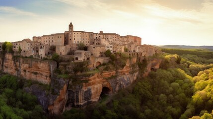 Panorama of Pitigliano town at sunset, Tuscany, Italy, Generative AI