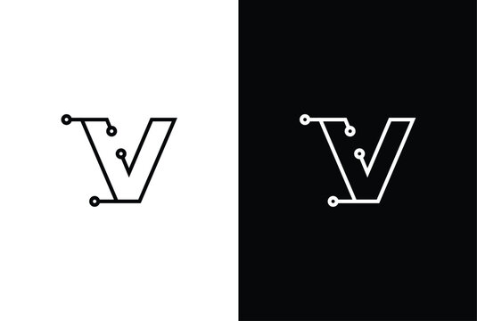 Letter V tech letter design. Technology abstract dot connection cross vector logo icon circle logotype.