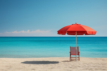 Red umbrella next to a comfortable chair on a turquoise beach, inviting viewers to indulge in the tranquil ambiance of a beachside getaway. Ai generated