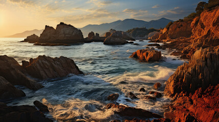 A striking coastal landscape with a rocky outcrop, the setting sun painting it in golden hues.