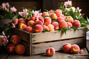 Peaches arranged in a rustic wooden crate.