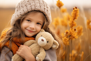 Little girl  hugging a stuffed animal, autumn background