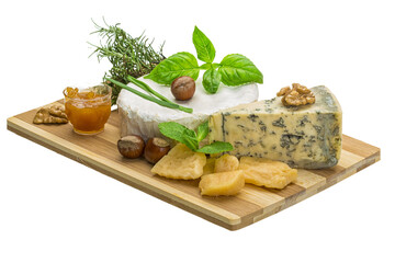 Assorted cheese - brie, dor blue and hard old yellow cheese