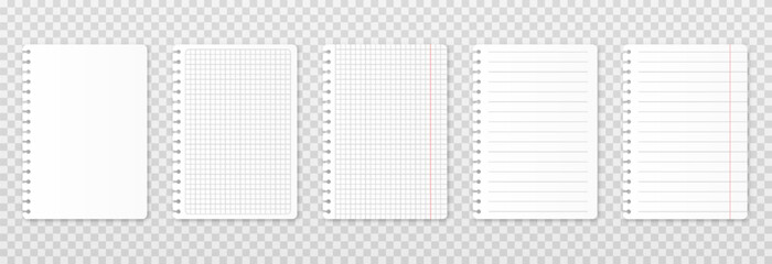 Vector realistic sheets of paper. Torn sheets of paper png. Checkered sheets, lined sheets, blank sheet mockup png.