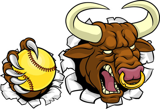 Bull Minotaur Longhorn Cow Softball Mascot Cartoon