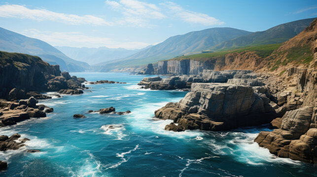 A spectacular view of a coastal canyon, its rugged edges plunging into a turquoise sea.