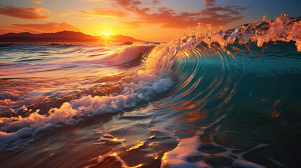A sunrise view of the ocean, the sun's golden light dancing on the crests of gentle waves.