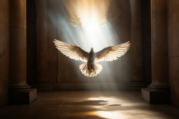 Winged dove, a representation of the New Testament Holy Spirit - obrazy, fototapety, plakaty