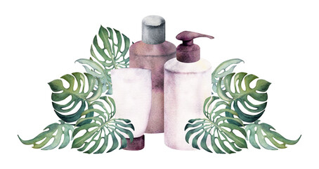 Hand drawn watercolor spa skincare bath beauty products package flowers. Horizontal composition Isolated on white background. Design for wall art, wellness resort, print, fabric, cover, card, booklet.