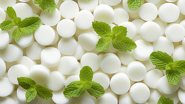 Pile of white mints candy with a green mint leaves. Generative AI