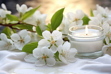 Obraz na płótnie Canvas Apple blossom-scented candle with apple blossom flowers