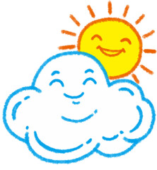 Cute cloud and smiling sun, cute cartoon character illustration isolated on white background. Hand drawn pastel, crayon, oil pastel and chalk paint