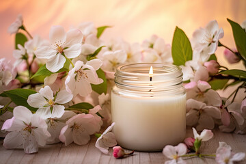 Apple blossom-scented candle with apple blossom flowers