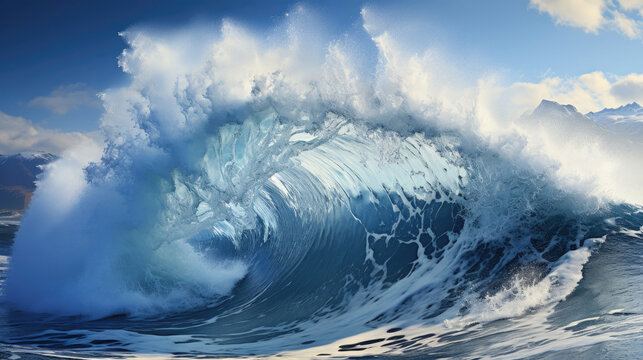 An immense wave crashing against a sharp, rocky coastline, exploding into a fan of white spray.
