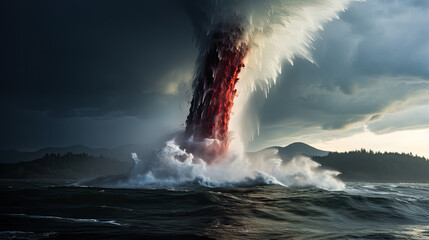 The ominous sight of a waterspout forming off the rugged coast, casting a dark shadow on the water.