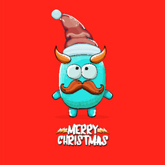 Vector cartoon funky blue monster with Santa Claus red hat isolated on red christmas background. Childrens Merry Christmas greeting card with funny monster minion elf Santa Claus.